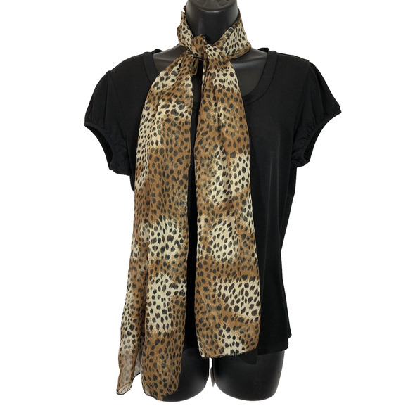 Long Animal Leopard Print Scarf, Brown and Black Sheer Rectangle Retro Pinup - Picture 2 of 7